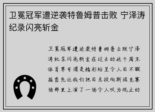 卫冕冠军遭逆袭特鲁姆普击败 宁泽涛纪录闪亮斩金